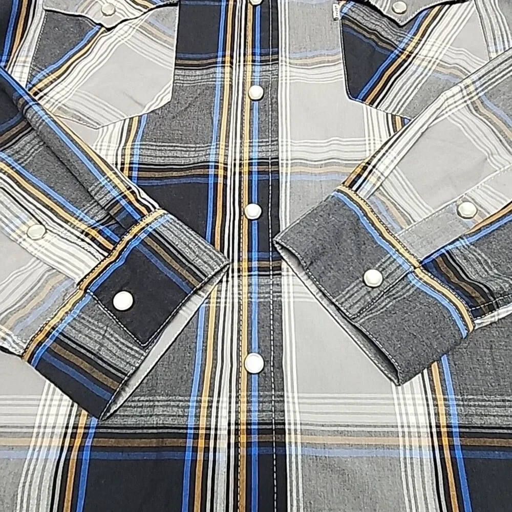 Levi's Shirt Western Cotton Pearl Snap Blue Gray Plaid Men Sz XL Standard Fit